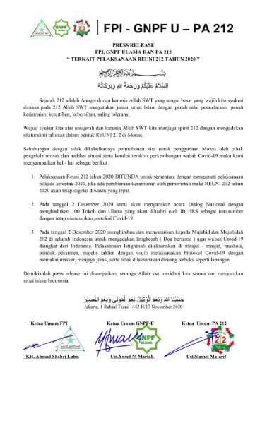 Reuni 212 Tetap Digelar bila Pilkada 2020 Ada Pembiaran Kerumunan